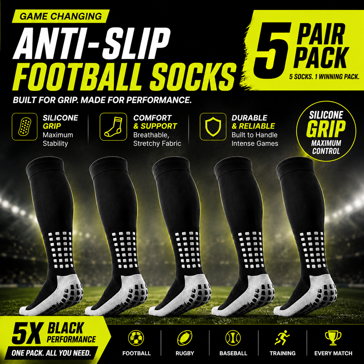 5-Pack Anti-Slip Grip Socks – Silicone Non-Slip Football Socks for Men & Women