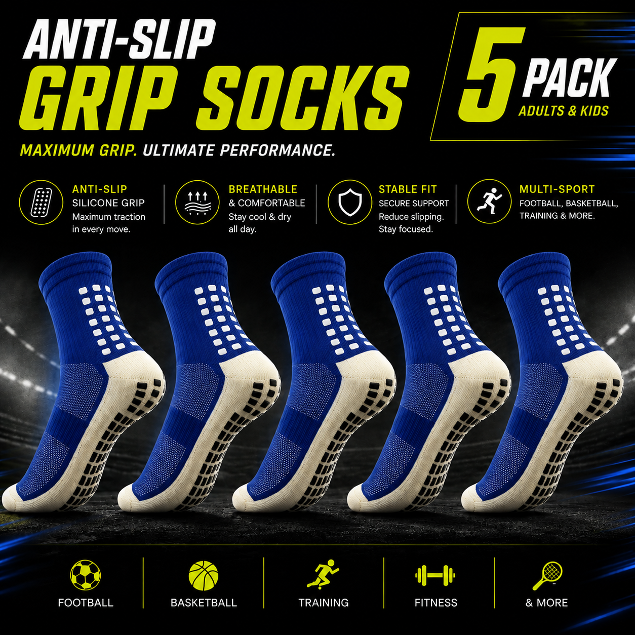 Anti-Slip Grip Soccer Socks 5-Pack | Kids & Adults