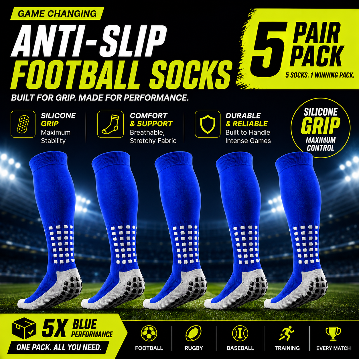 5-Pack Anti-Slip Grip Socks – Silicone Non-Slip Football Socks for Men & Women