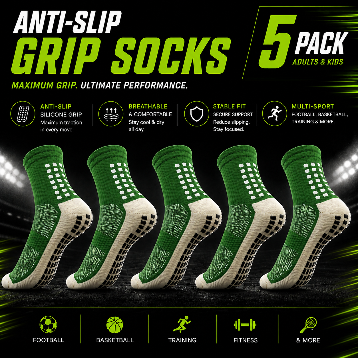 Anti-Slip Grip Soccer Socks 5-Pack | Kids & Adults