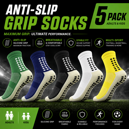 Anti-Slip Grip Soccer Socks 5-Pack | Kids & Adults