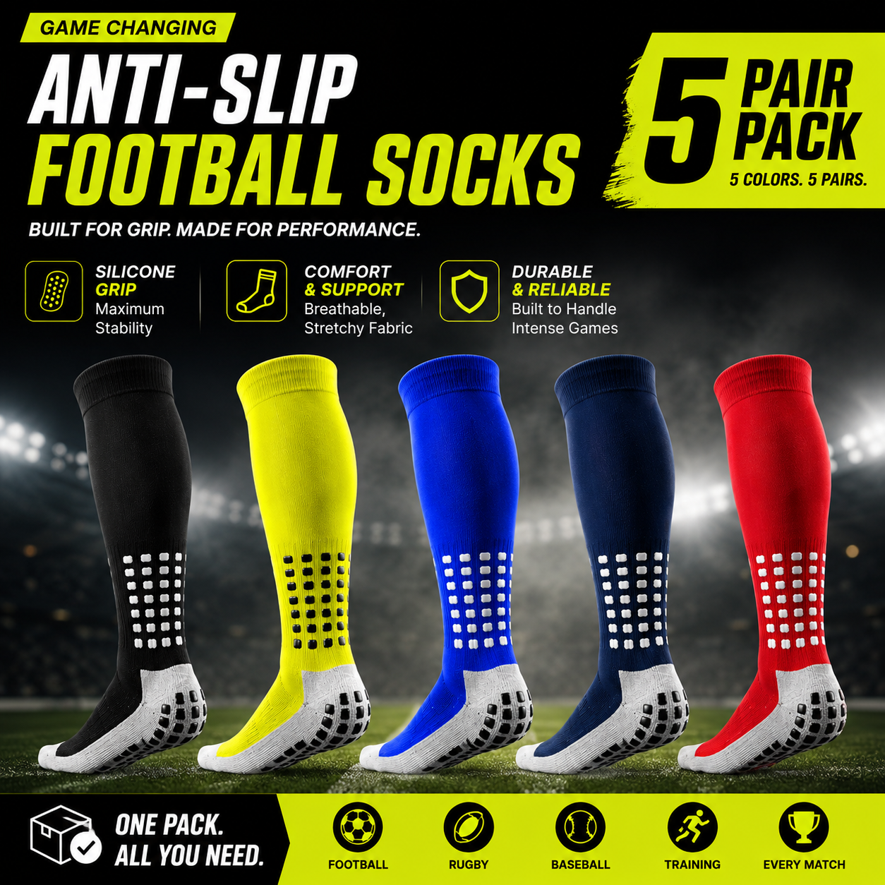 5-Pack Anti-Slip Grip Socks – Silicone Non-Slip Football Socks for Men & Women