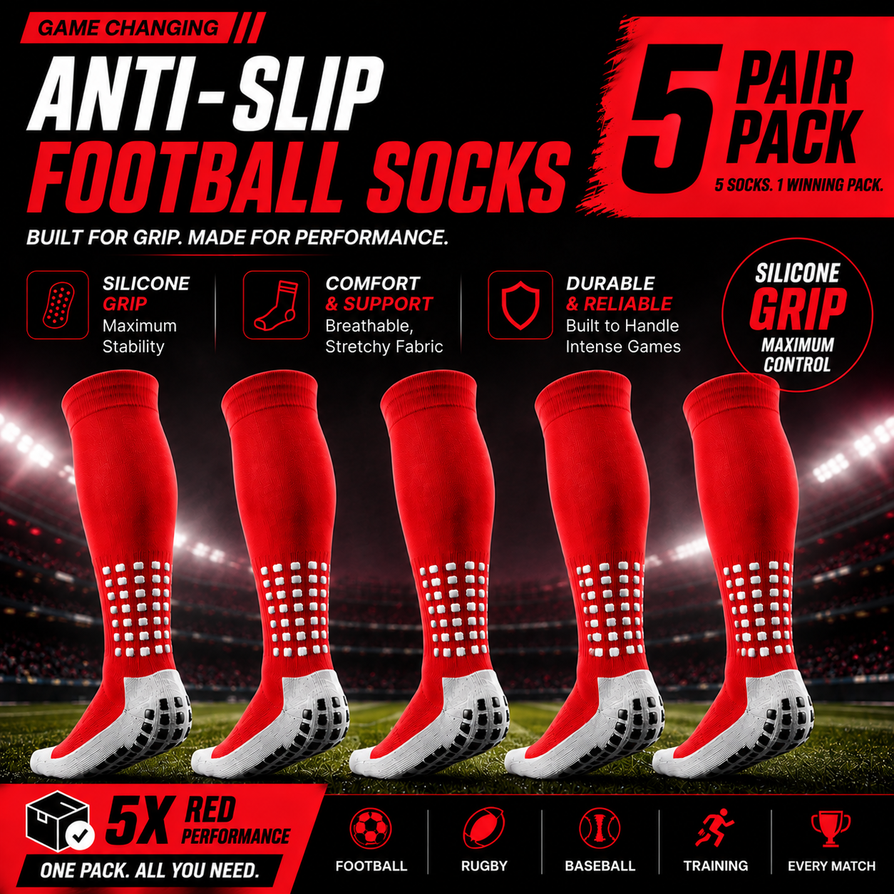 5-Pack Anti-Slip Grip Socks – Silicone Non-Slip Football Socks for Men & Women