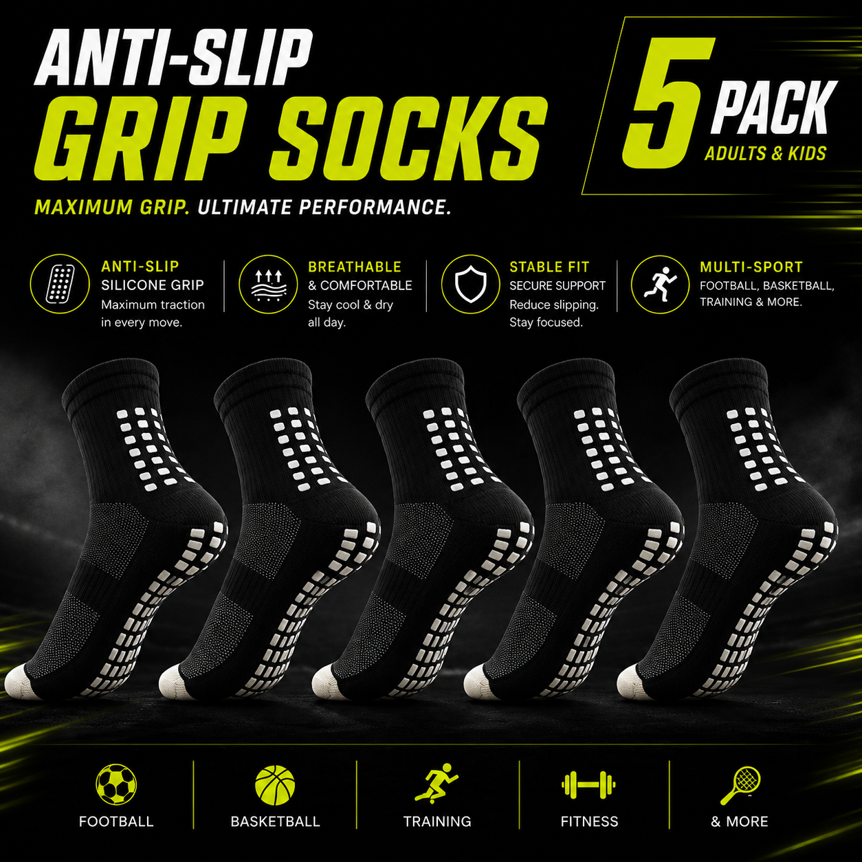 Anti-Slip Grip Soccer Socks 5-Pack | Kids & Adults