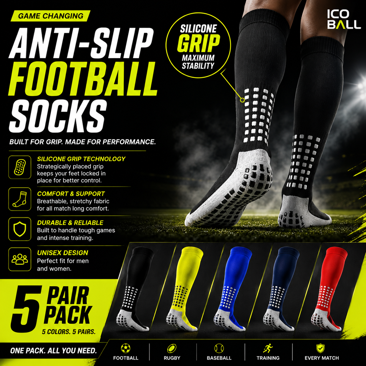 5-Pack Anti-Slip Grip Socks – Silicone Non-Slip Football Socks for Men & Women