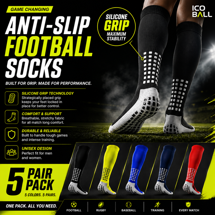 5-Pack Anti-Slip Grip Socks – Silicone Non-Slip Football Socks for Men & Women