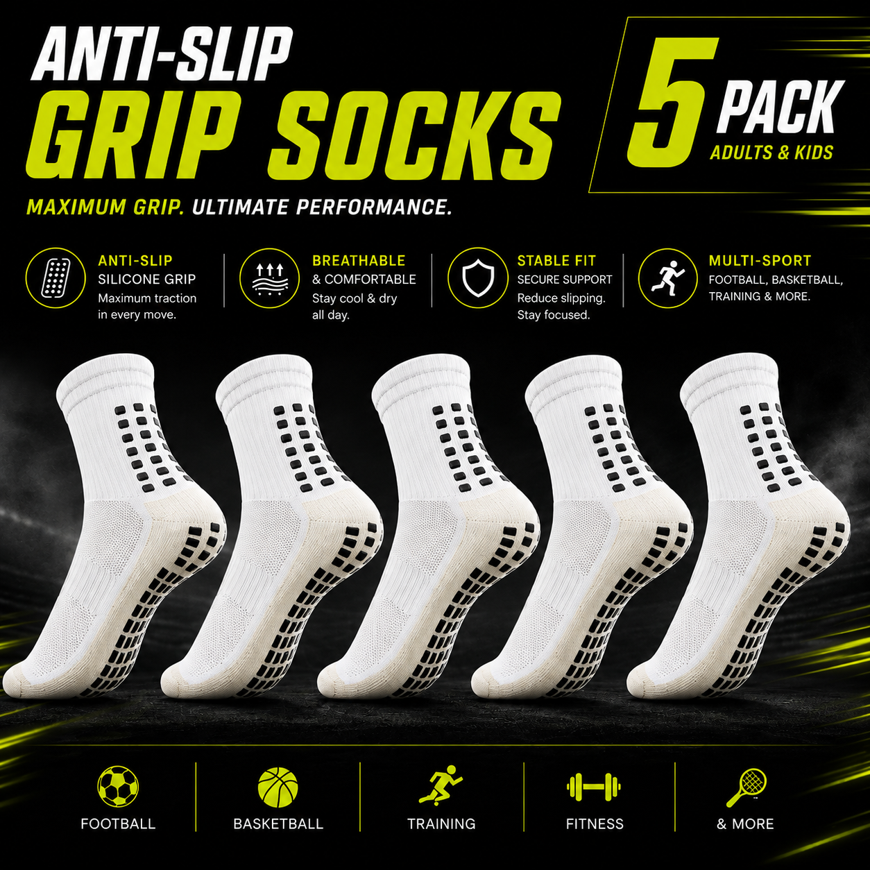 Anti-Slip Grip Soccer Socks 5-Pack | Kids & Adults