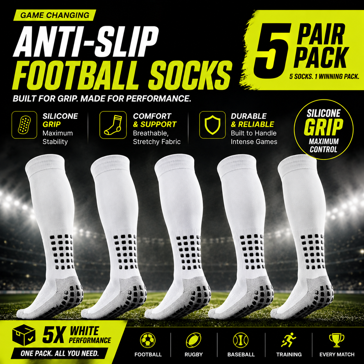 5-Pack Anti-Slip Grip Socks – Silicone Non-Slip Football Socks for Men & Women