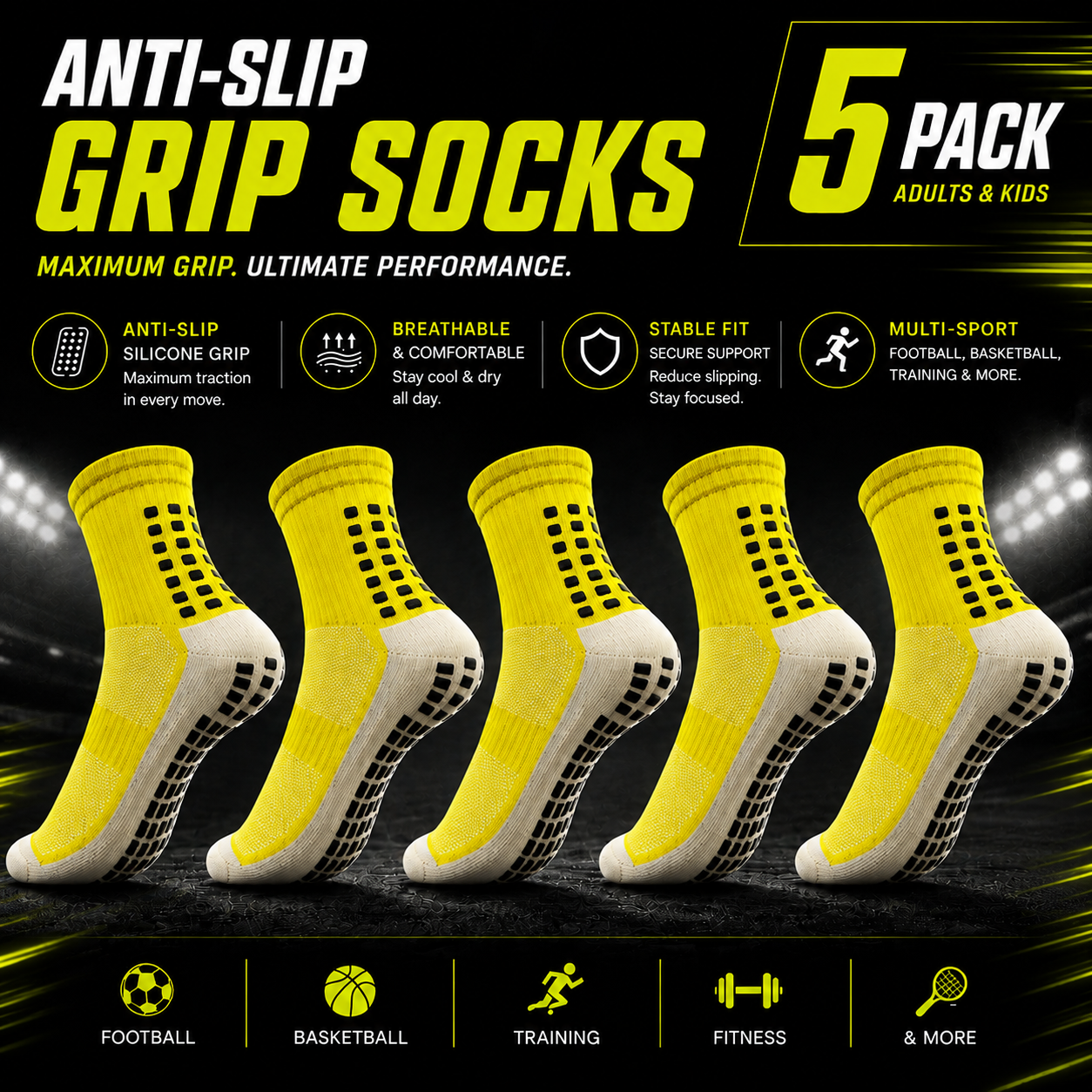 Anti-Slip Grip Soccer Socks 5-Pack | Kids & Adults