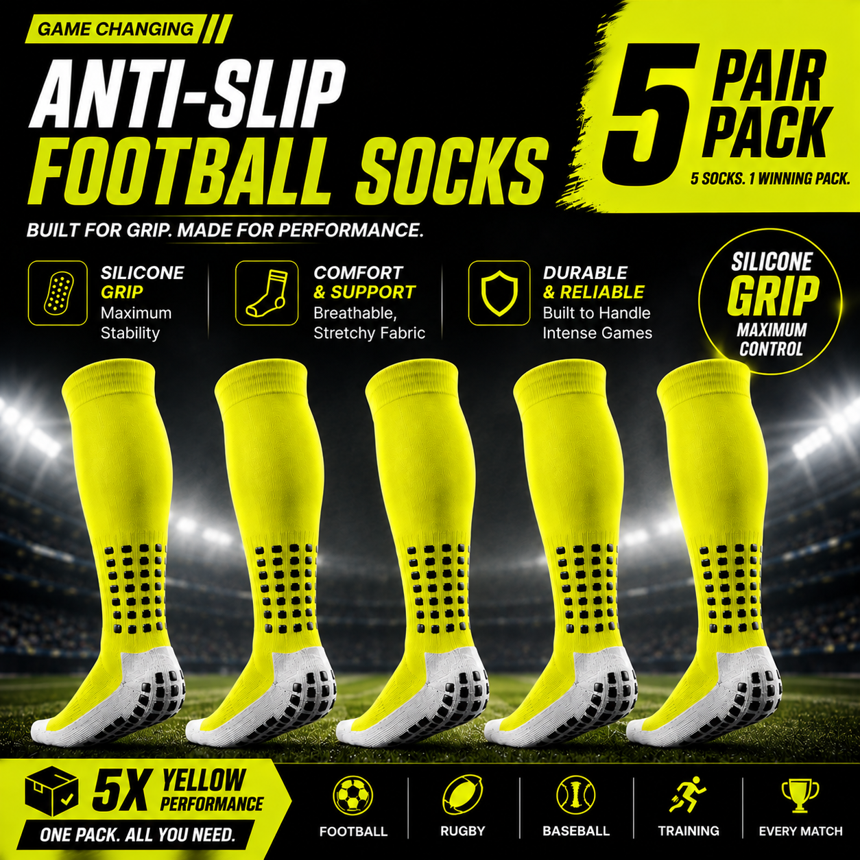 5-Pack Anti-Slip Grip Socks – Silicone Non-Slip Football Socks for Men & Women
