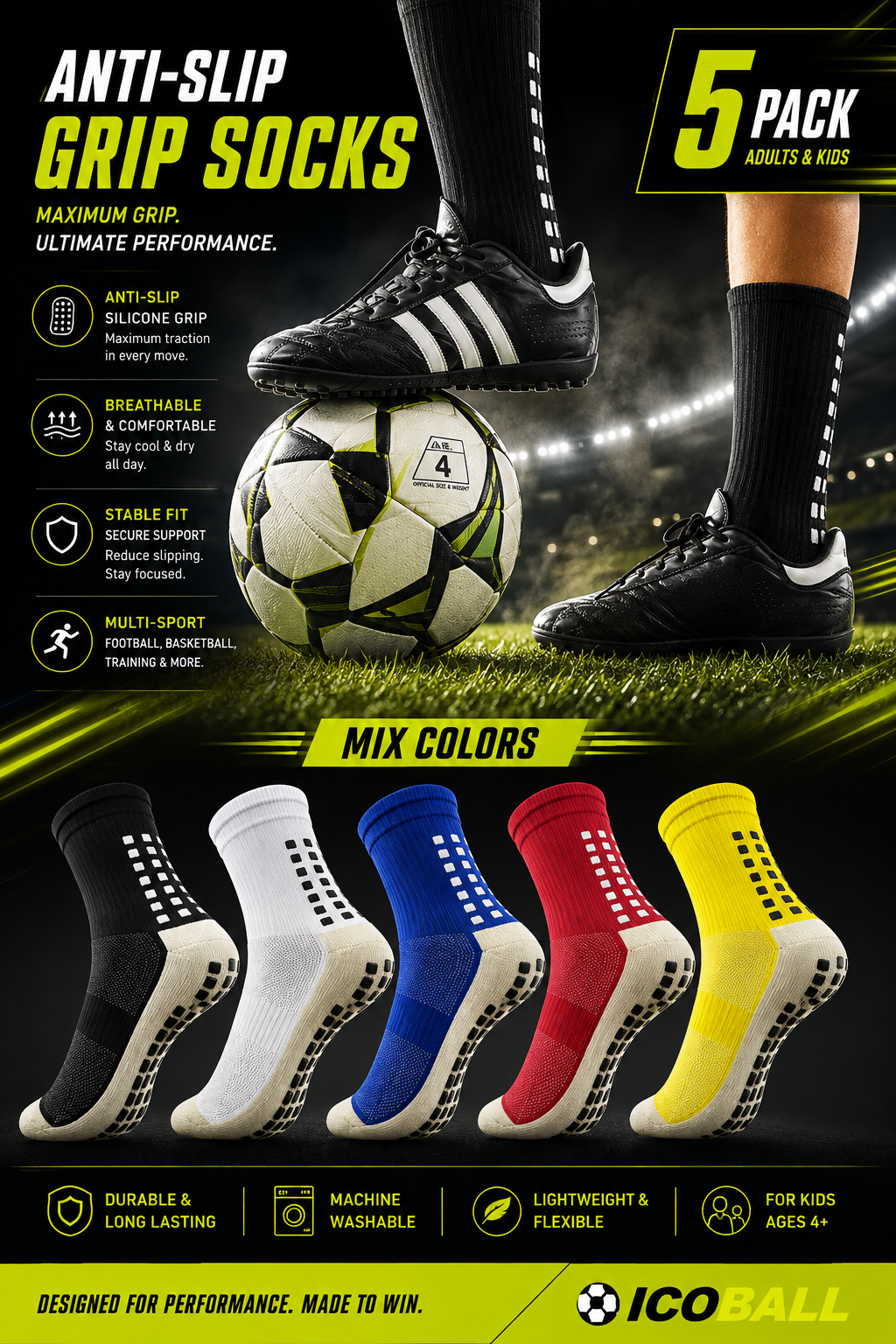 Anti-Slip Grip Soccer Socks 5-Pack | Kids & Adults