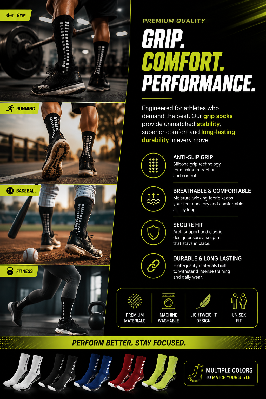 5-Pack Anti-Slip Grip Socks – Silicone Non-Slip Football Socks for Men & Women
